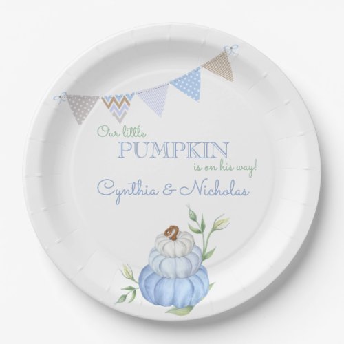 Blue Little Pumpkin Patch Boy Baby Shower Paper Plates