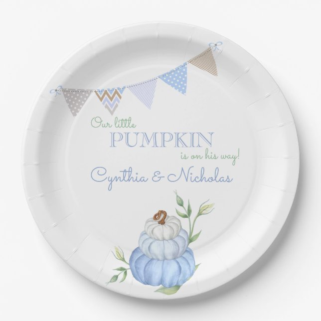 Blue Little Pumpkin Patch Boy Baby Shower Paper Plates (Front)