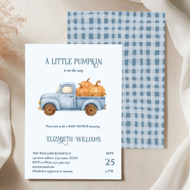 Blue little Pumpkin Truck Baby Shower minimalistic Invitation (Little Pumpkin Baby Shower Invitation with Rustic Truck & Fall Charm)
