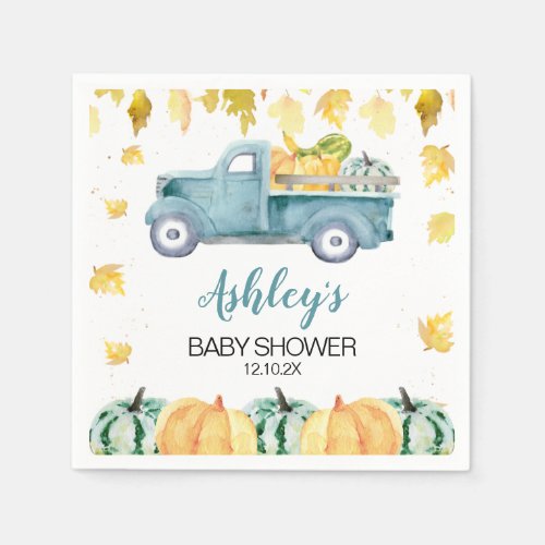 Blue Little Pumpkin Truck Baby Shower Napkin