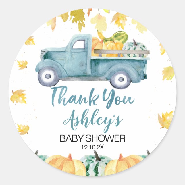 Blue Little Pumpkin Truck Baby Shower Sticker (Front)