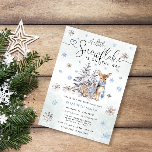 Blue Little Snowflake Winter Woodland Deer Baby Invitation