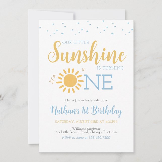 Blue Little Sunshine Birthday Invitation (Front)