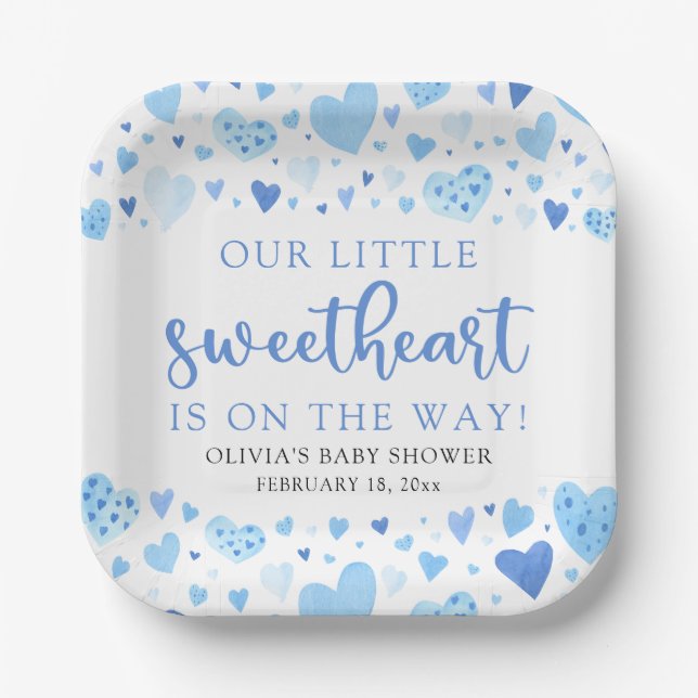 Blue Little Sweetheart Valentine's Day Baby Shower Paper Plates (Front)