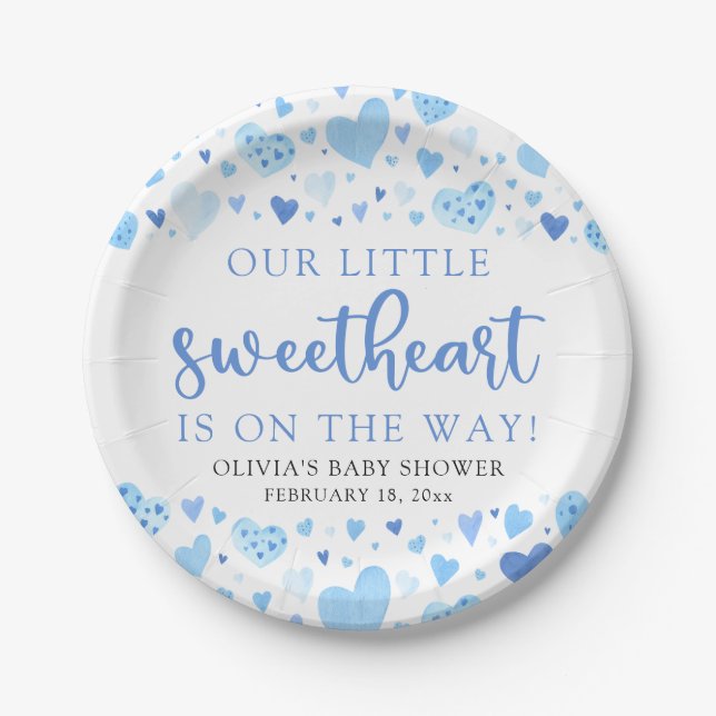 Blue Little Sweetheart Valentine's Day Baby Shower Paper Plates (Front)
