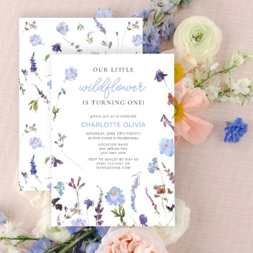 Blue Little Wildflower Watercolor 1st Birthday Invitation