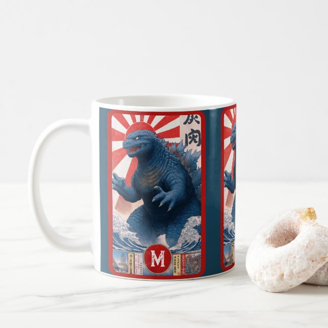 Blue Lizard Monster Monogram Bold Retro Fun Cool Coffee Mug (With Donut)