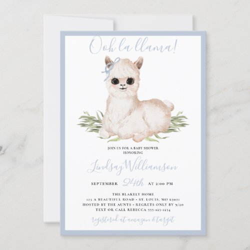 Blue Llama Baby Shower Invitation