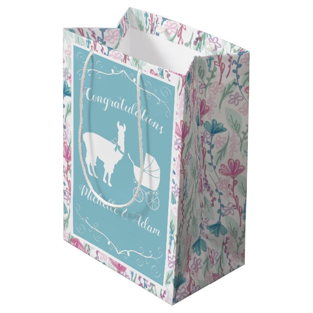 Blue Llama Boy Baby Shower Medium Gift Bag (Back Angled)