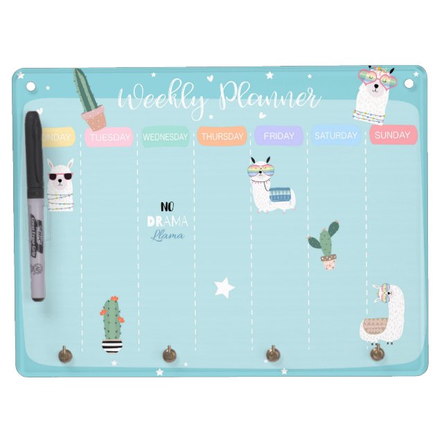 Blue Llama Llamacorn Weekly Planner Dry Erase Board With Keychain Holder (Front)