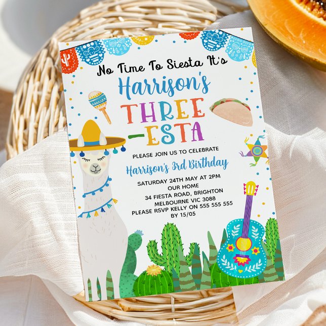 Blue Llama Taco Fiesta Three-Esta 5th Birthday Invitation (Boys Three-esta Fiesta 3rd Birthday Invite, 3rd Birthday Fiesta Invite, Boys Fiesta Birthday Party)