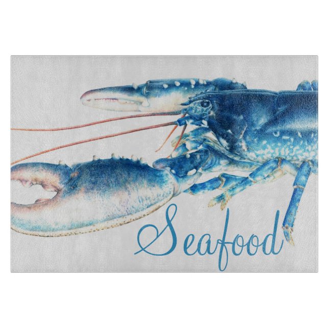 Blue lobster fine art seafood glass cutting board (Front)