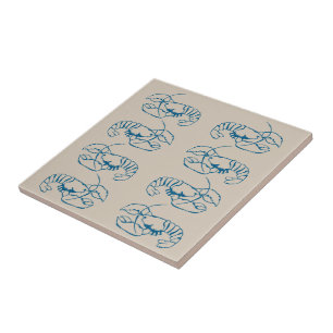 Blue Lobster Line Drawing On Sandy Beach Tan Color Ceramic Tile