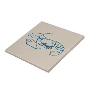 Blue Lobster Line Drawing On Sandy Beach Tan Color Ceramic Tile