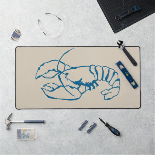 Blue Lobster Line Drawing On Sandy Beach Tan Color Desk Mat