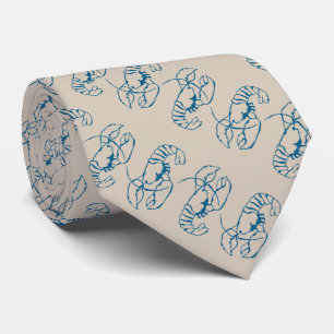Blue Lobster Line Drawing On Sandy Beach Tan Color Neck Tie