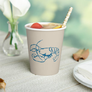 Blue Lobster Line Drawing On Sandy Beach Tan Color Paper Cups