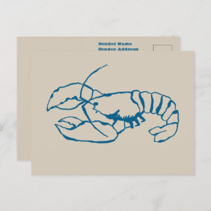 Blue Lobster Line Drawing On Sandy Beach Tan Color Postcard