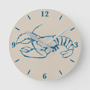 Blue Lobster Line Drawing On Sandy Beach Tan Color Round Clock