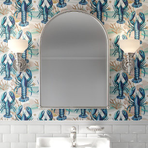 Blue Lobsters and Seashells Coastal Wallpaper