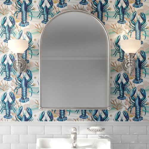 Blue Lobsters And Seashells Coastal Wallpaper