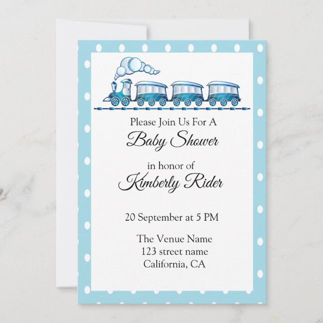 Blue Locomotive Baby Shower Invitations (Front)