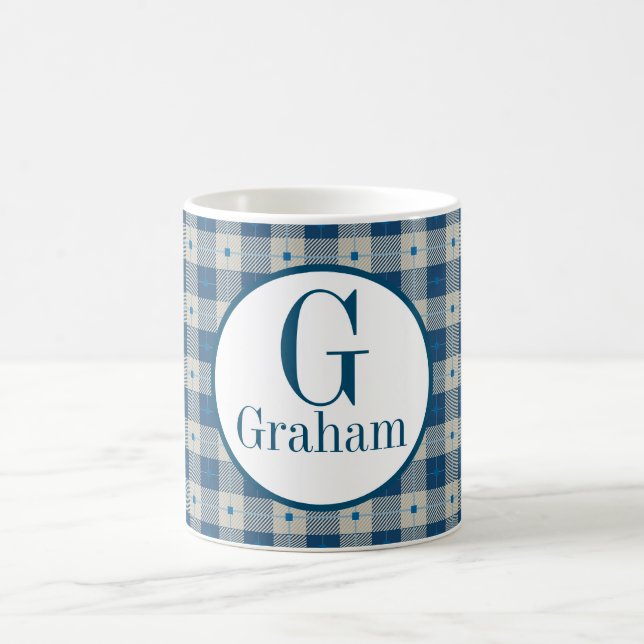 Blue Lodge Plaid Monogram Personalized Coffee Mug (Center)