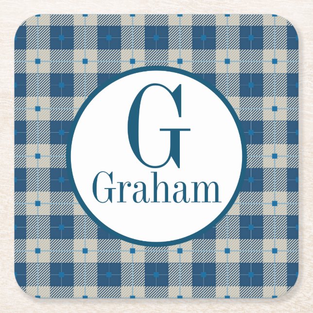 Blue Lodge Plaid Monogram Personalized Square Paper Coaster (Front)