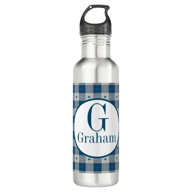 Blue Lodge Plaid Monogram   Stainless Steel Water Bottle (Front)