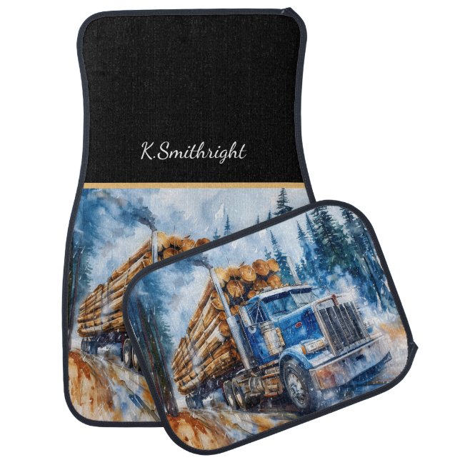 Blue Log Truck Snowy Forest Car Floor Mat (Set)