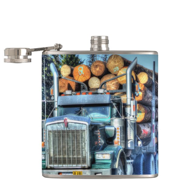 Blue Logging Truck Highway Driving Art Truckers Flask (Opened)