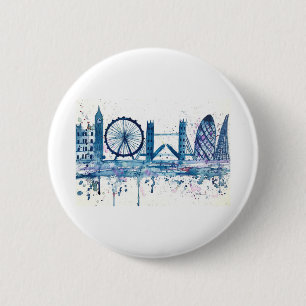 Blue London skyline England watercolor modern Button