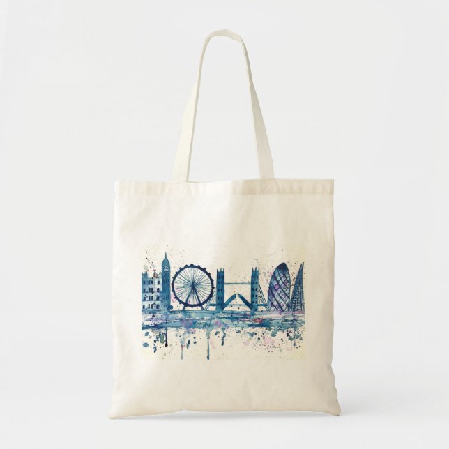 Blue London skyline watercolor England modern  Tote Bag (Front)
