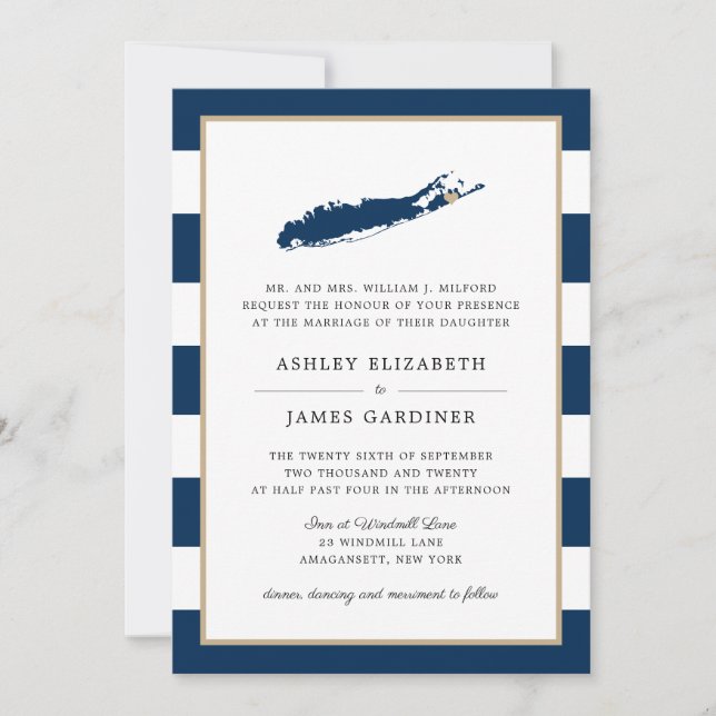 Blue Long Island Map East Hampton Heart Wedding Invitation (Front)