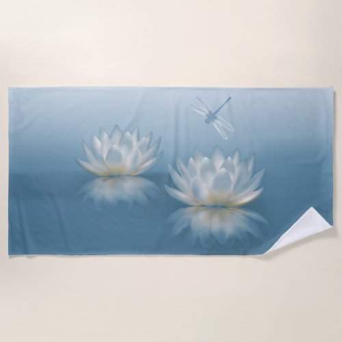 Blue Lotus and Dragonfly Beach Towel