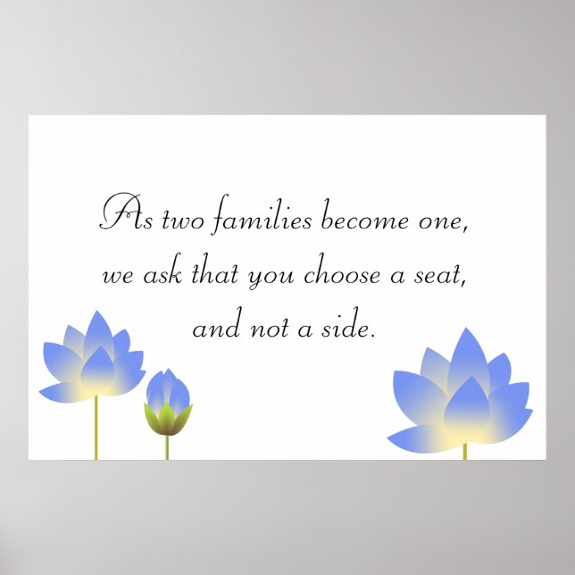 Blue lotus blossoms gray wedding seating sign (Front)