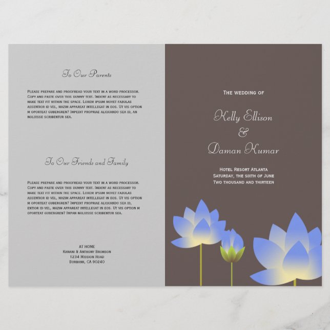 Blue lotus flower modern gray wedding program (Front)