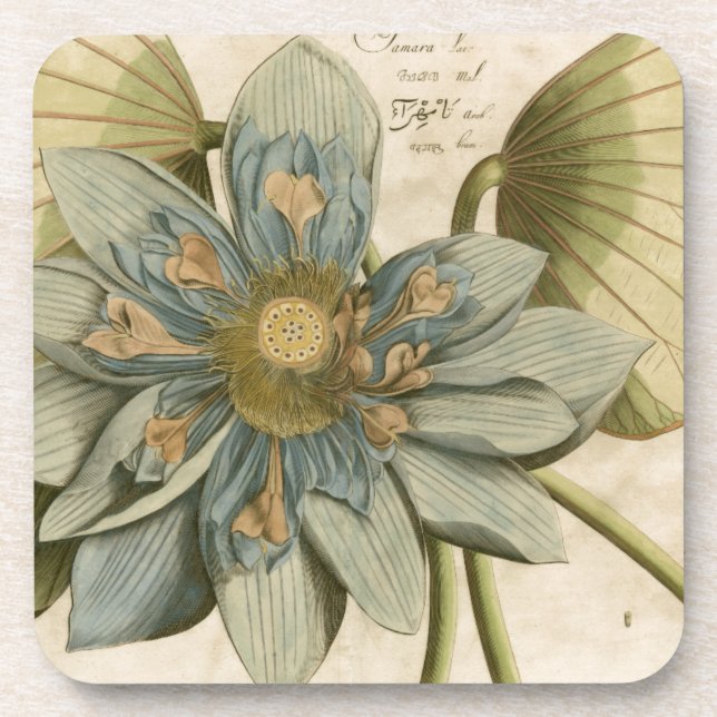 Blue Lotus Flower on Tan Background with Writing Coaster (Front)