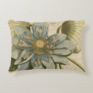 Blue Lotus Flower on Tan Background with Writing Decorative Pillow