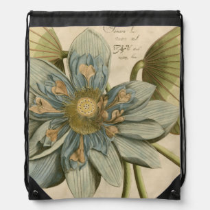 Blue Lotus Flower on Tan Background with Writing Drawstring Bag