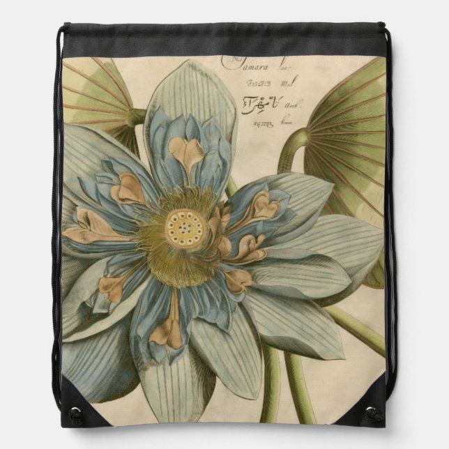 Blue Lotus Flower on Tan Background with Writing Drawstring Bag (Front)