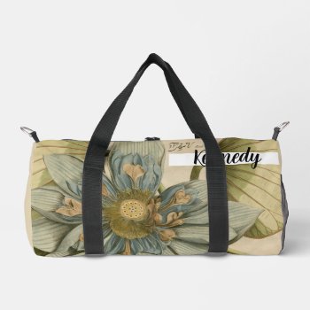 Blue Lotus Flower On Tan Background With Writing Duffle Bag by worldartgroup at Zazzle