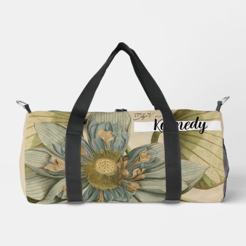 Blue Lotus Flower on Tan Background with Writing Duffle Bag