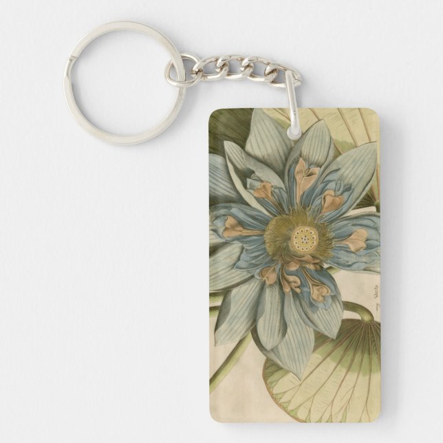 Blue Lotus Flower on Tan Background with Writing Keychain (Front)