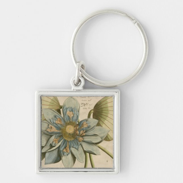 Blue Lotus Flower on Tan Background with Writing Keychain (Front)