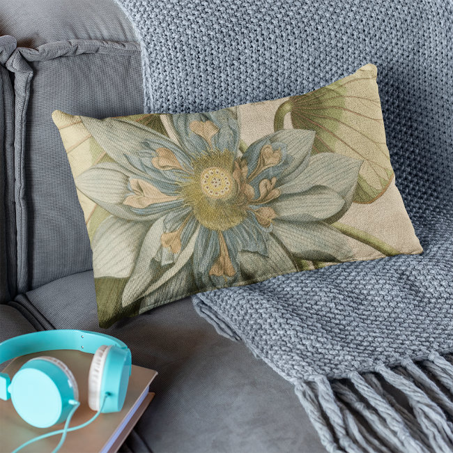 Blue Lotus Flower on Tan Background with Writing Lumbar Pillow