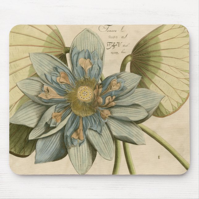 Blue Lotus Flower on Tan Background with Writing Mouse Pad (Front)