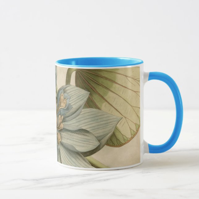 Blue Lotus Flower on Tan Background with Writing Mug (Right)