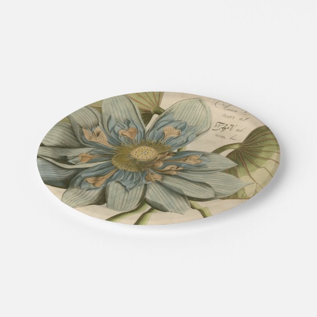 Blue Lotus Flower on Tan Background with Writing Paper Plates (Angled)