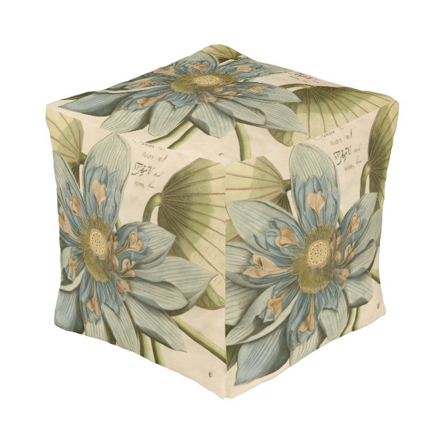 Blue Lotus Flower on Tan Background with Writing Pouf (Angled Front)